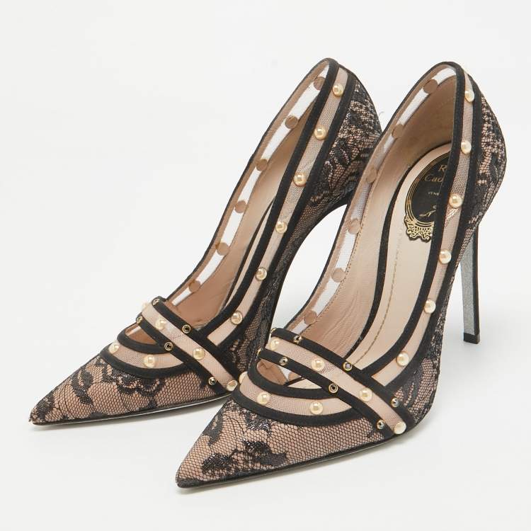 Pre Owned René Caovilla Black/Pink Lace Studded Pointed Toe Pumps Size 38