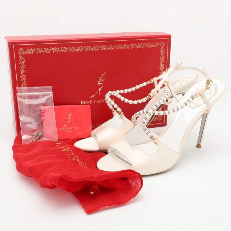 Pre Owned René Caovilla White Satin Embellished Slingback Sandals Size 40