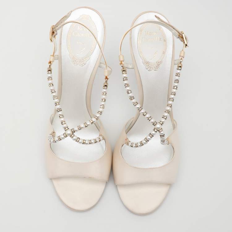 Pre Owned René Caovilla White Satin Embellished Slingback Sandals Size 40