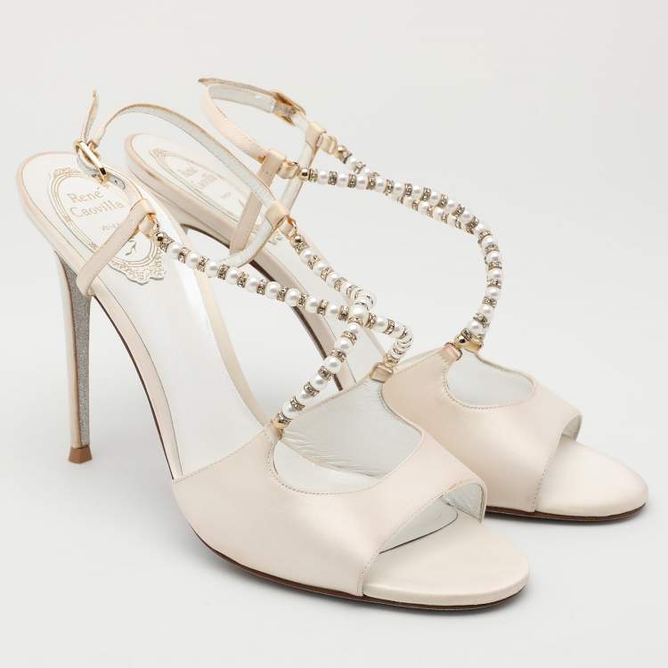 Pre Owned René Caovilla White Satin Embellished Slingback Sandals Size 40