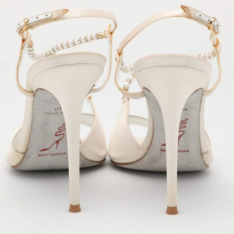 Pre Owned René Caovilla White Satin Embellished Slingback Sandals Size 40