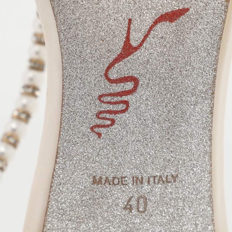 Pre Owned René Caovilla White Satin Embellished Slingback Sandals Size 40