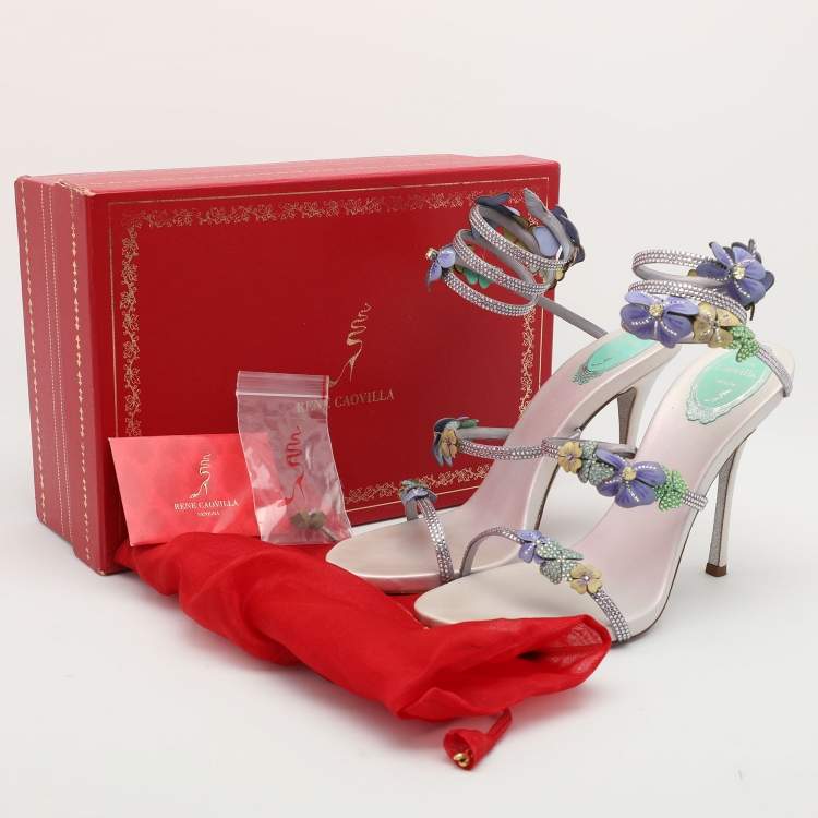 Pre Owned René Caovilla Multicolor Embellished Satin Ankle Cuff Sandals Size 40