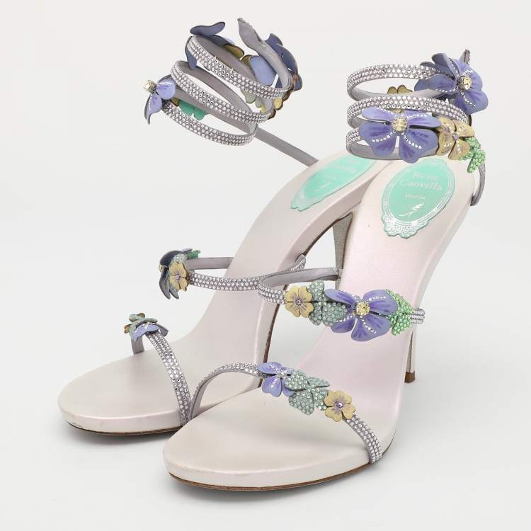 Pre Owned René Caovilla Multicolor Embellished Satin Ankle Cuff Sandals Size 40