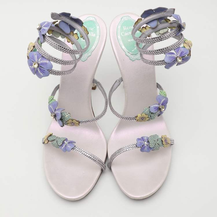 Pre Owned René Caovilla Multicolor Embellished Satin Ankle Cuff Sandals Size 40