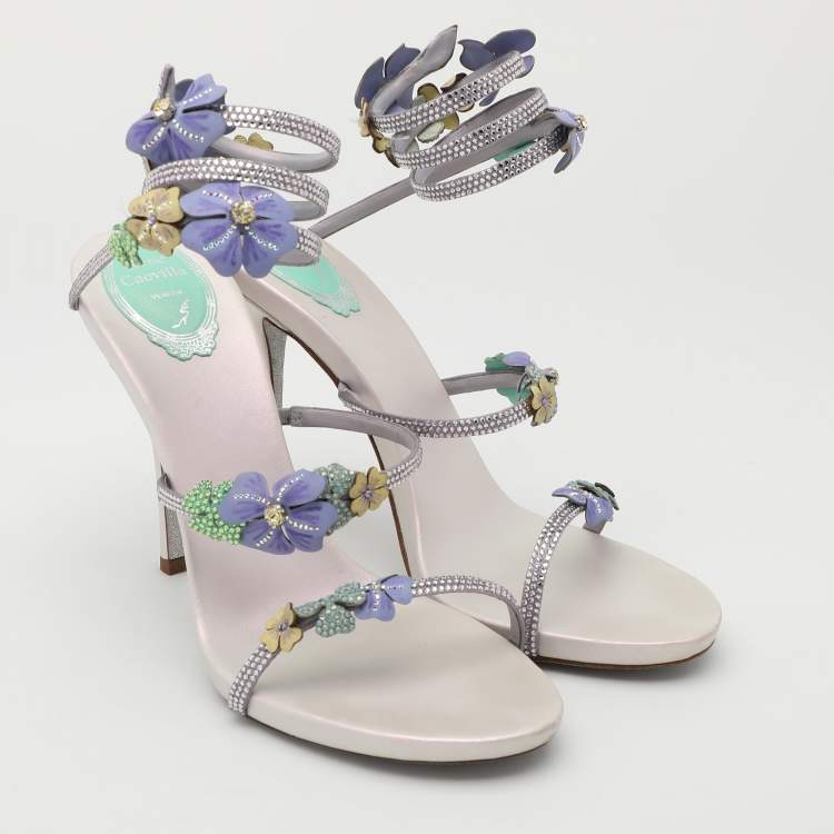 Pre Owned René Caovilla Multicolor Embellished Satin Ankle Cuff Sandals Size 40