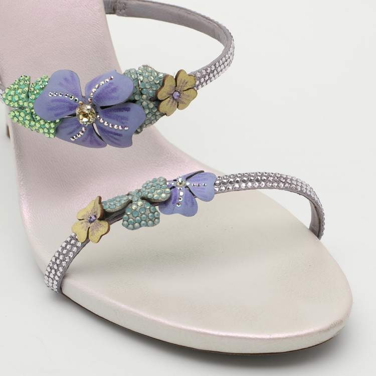 Pre Owned René Caovilla Multicolor Embellished Satin Ankle Cuff Sandals Size 40