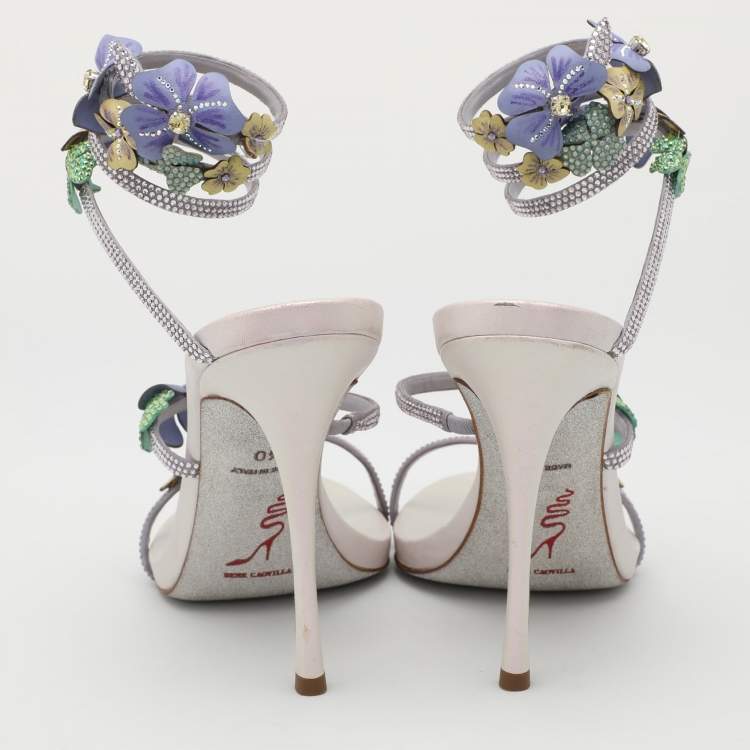 Pre Owned René Caovilla Multicolor Embellished Satin Ankle Cuff Sandals Size 40