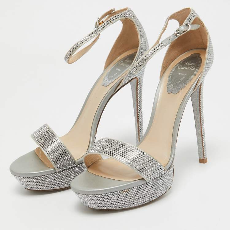 Pre Owned René Caovilla Grey Crystal Embellished Satin Platform Ankle Strap Sandals Size 38