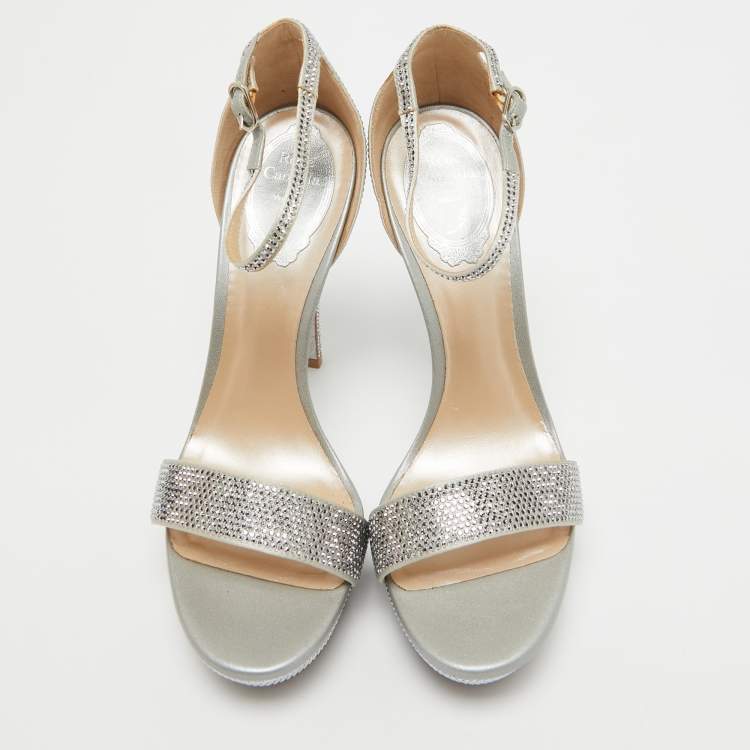Pre Owned René Caovilla Grey Crystal Embellished Satin Platform Ankle Strap Sandals Size 38