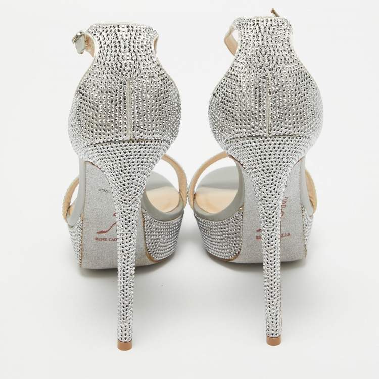 Pre Owned René Caovilla Grey Crystal Embellished Satin Platform Ankle Strap Sandals Size 38