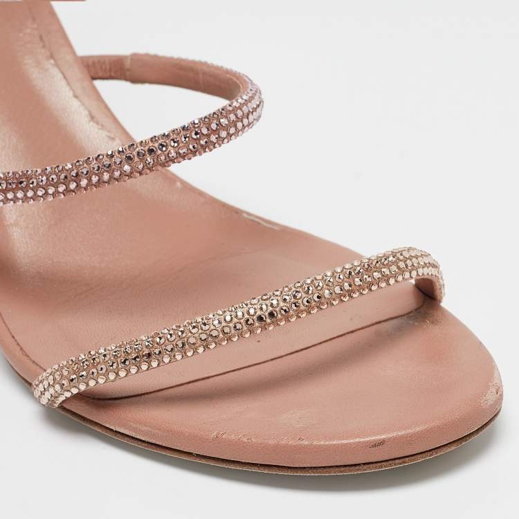 Pre Owned René Caovilla Pink Crystal Embellished Satin Cleo Sandals Size 37.5