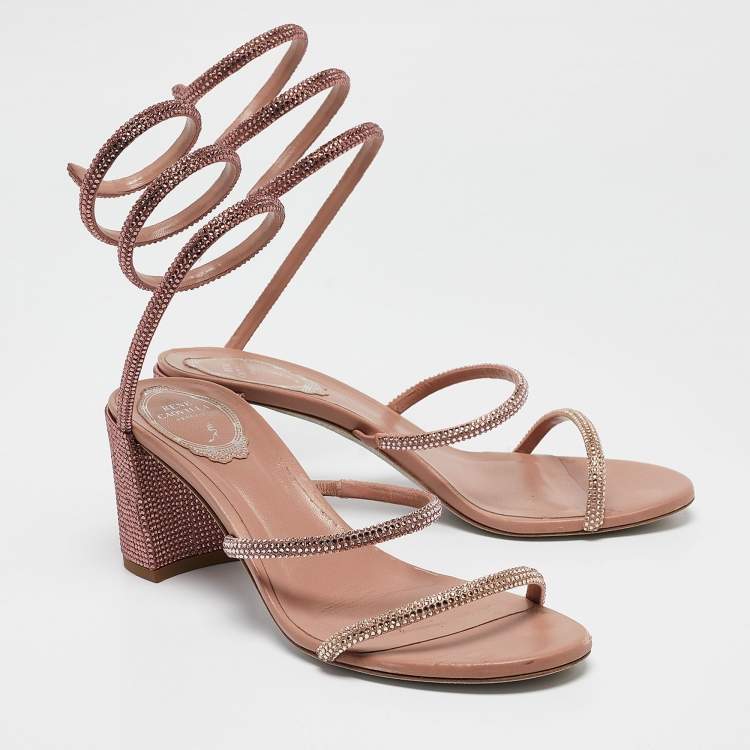 Pre Owned René Caovilla Pink Crystal Embellished Satin Cleo Sandals Size 37.5