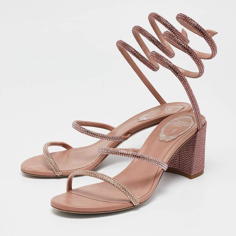 Pre Owned René Caovilla Pink Crystal Embellished Satin Cleo Sandals Size 37.5