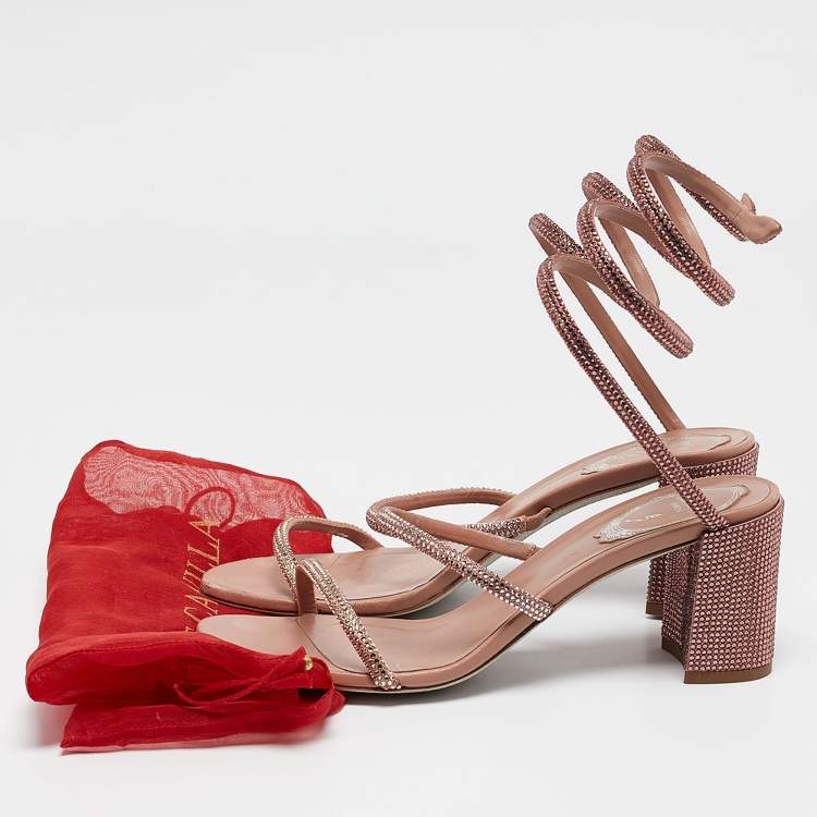 Pre Owned René Caovilla Pink Crystal Embellished Satin Cleo Sandals Size 37.5