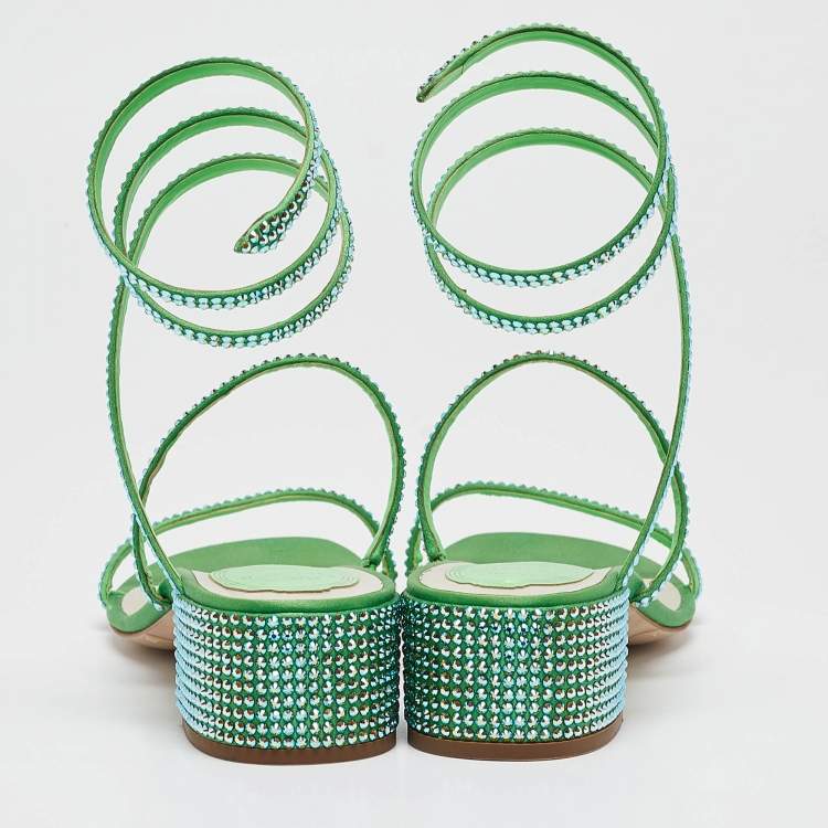 Pre Owned René Caovilla Green Satin Ankle Strap Sandals Size 36.5