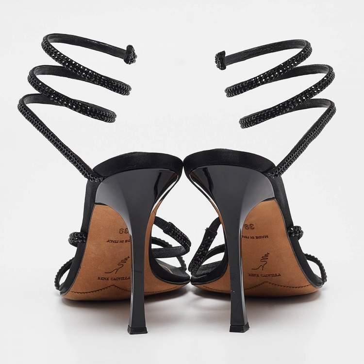 Pre Owned René Caovilla Black Satin Cleo Ankle Strap Sandals Size 39