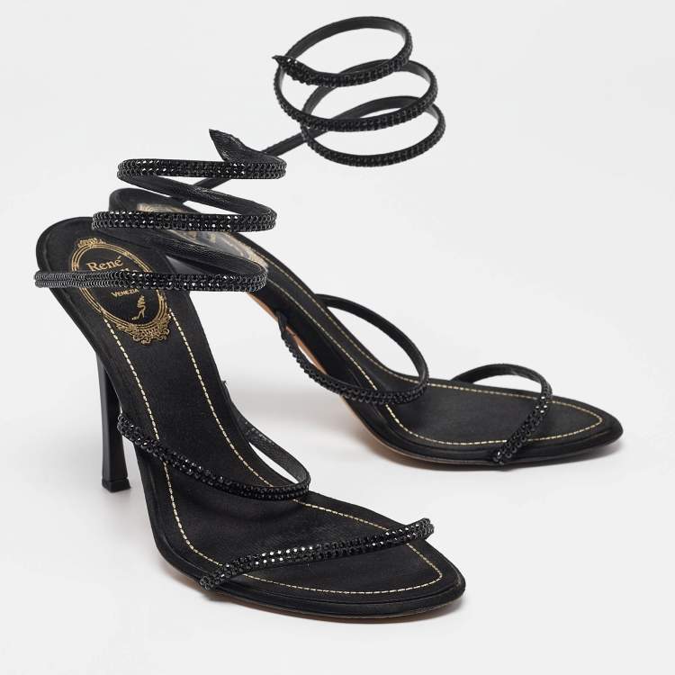 Pre Owned René Caovilla Black Satin Cleo Ankle Strap Sandals Size 39