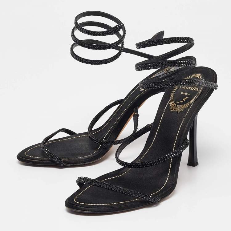 Pre Owned René Caovilla Black Satin Cleo Ankle Strap Sandals Size 39