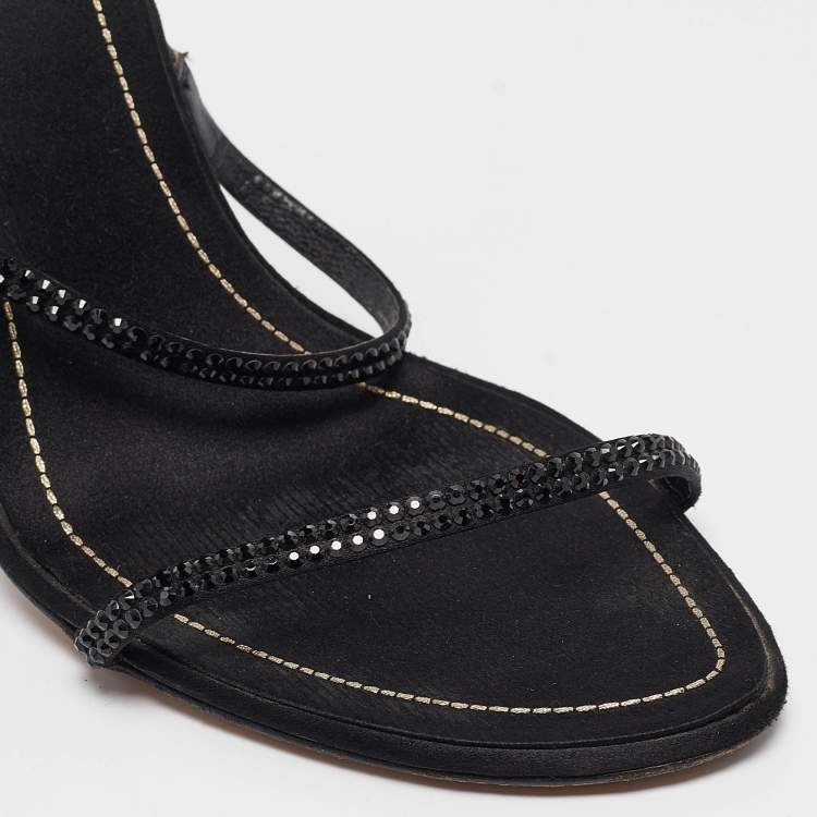 Pre Owned René Caovilla Black Satin Cleo Ankle Strap Sandals Size 39