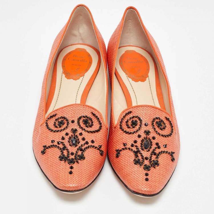 Pre Owned René Caovilla Orange Raffia Smoking Slippers Size 40
