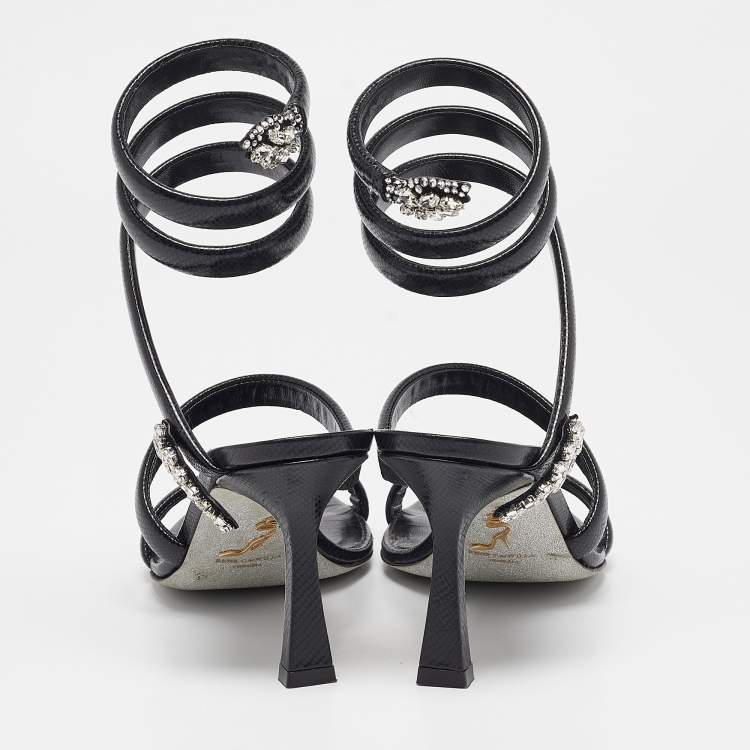Pre Owned René Caovilla Black Textured Leather Crystal Embellished Cleo Sandals Size 38