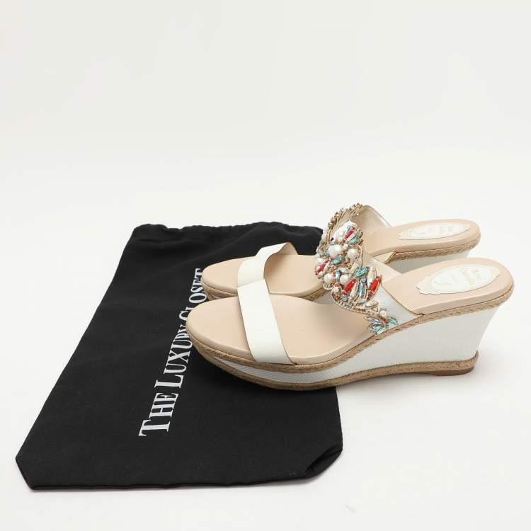 Pre Owned René Caovilla White Leather Embellished Slide Sandals Size 39