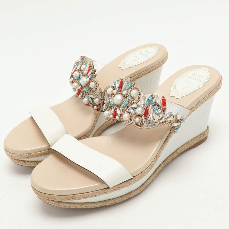 Pre Owned René Caovilla White Leather Embellished Slide Sandals Size 39