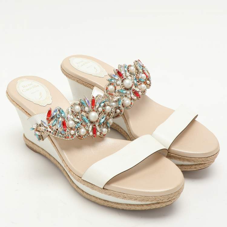 Pre Owned René Caovilla White Leather Embellished Slide Sandals Size 39