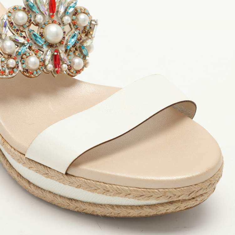 Pre Owned René Caovilla White Leather Embellished Slide Sandals Size 39