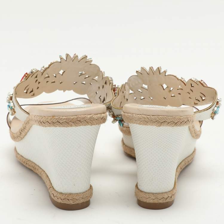 Pre Owned René Caovilla White Leather Embellished Slide Sandals Size 39