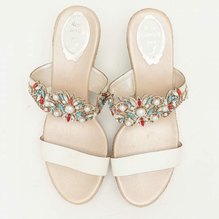 Pre Owned René Caovilla White Leather Embellished Slide Sandals Size 39