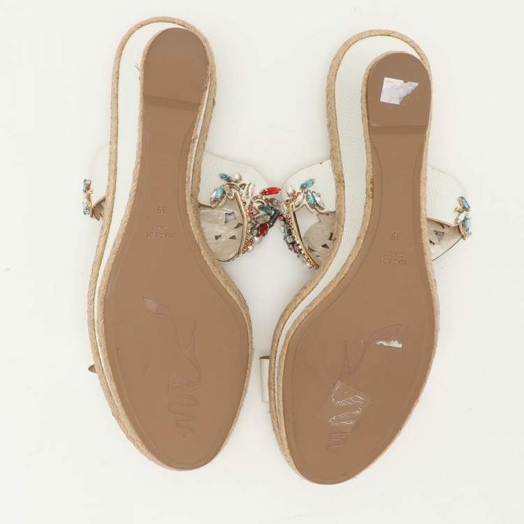 Pre Owned René Caovilla White Leather Embellished Slide Sandals Size 39