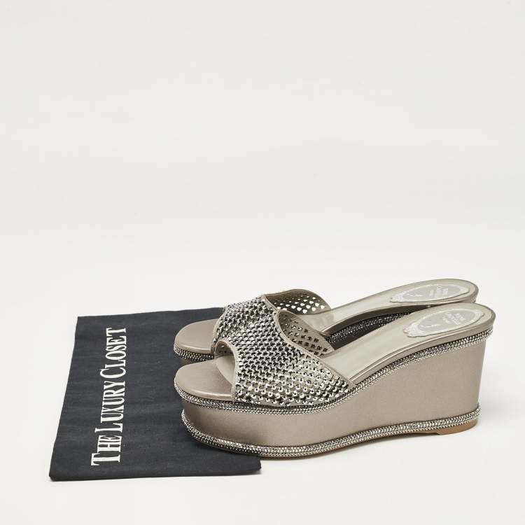 Pre Owned René Caovilla Grey Leather Crystal Embellished Wedge Sandals Size 38