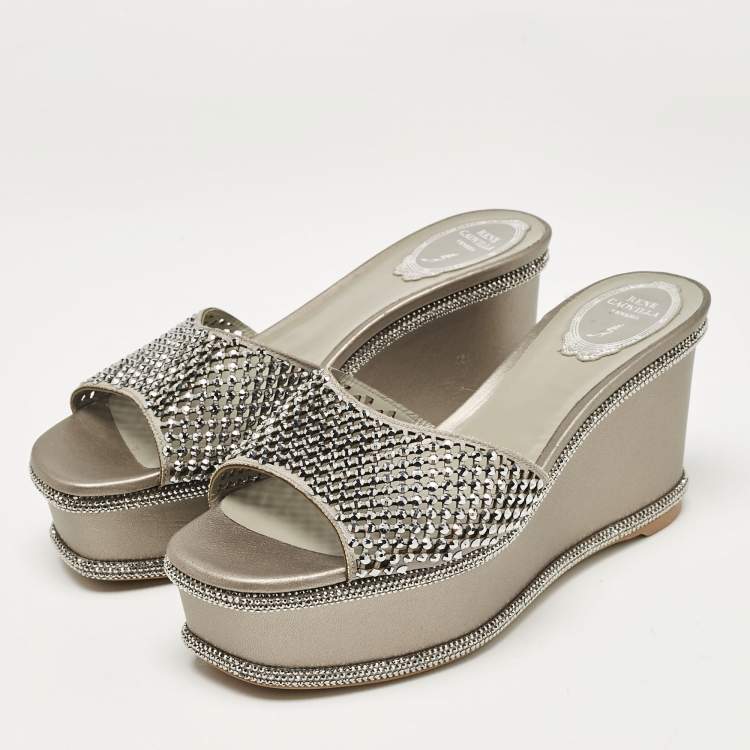 Pre Owned René Caovilla Grey Leather Crystal Embellished Wedge Sandals Size 38