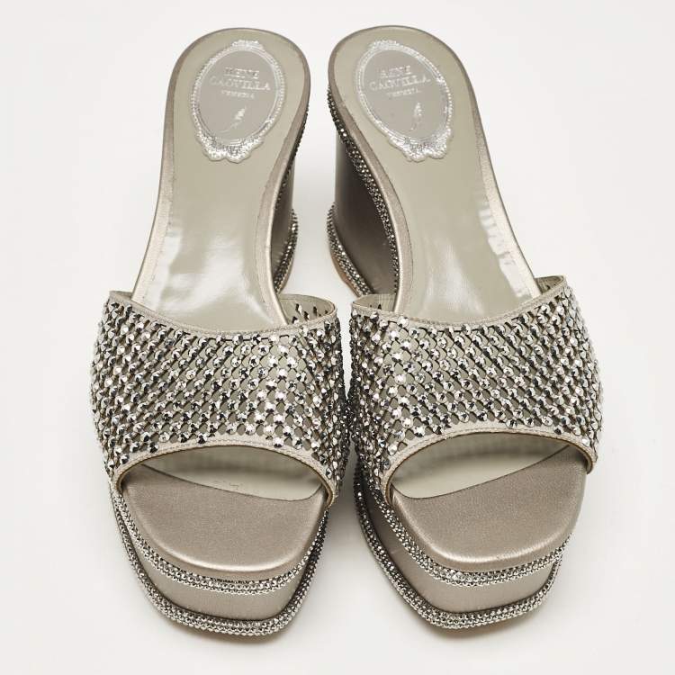 Pre Owned René Caovilla Grey Leather Crystal Embellished Wedge Sandals Size 38