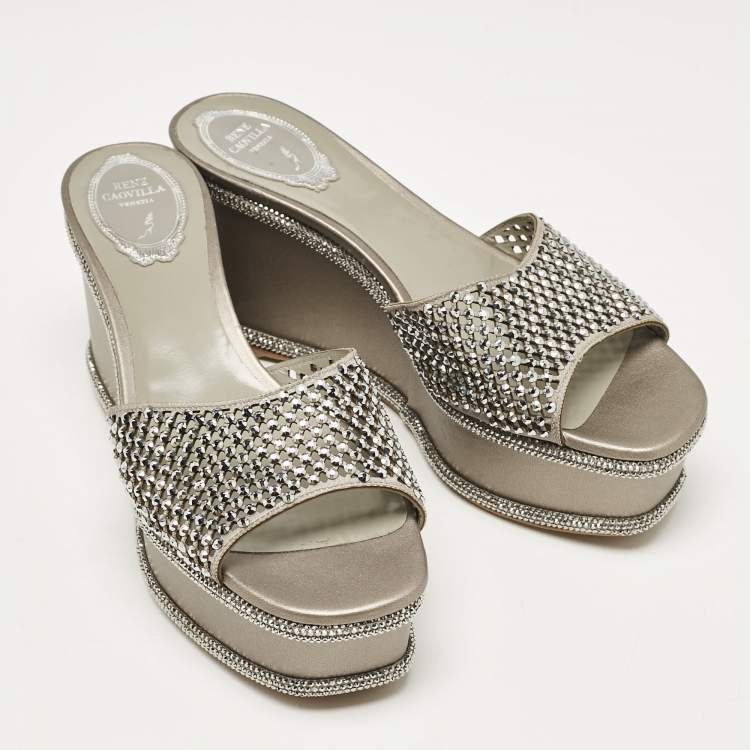 Pre Owned René Caovilla Grey Leather Crystal Embellished Wedge Sandals Size 38