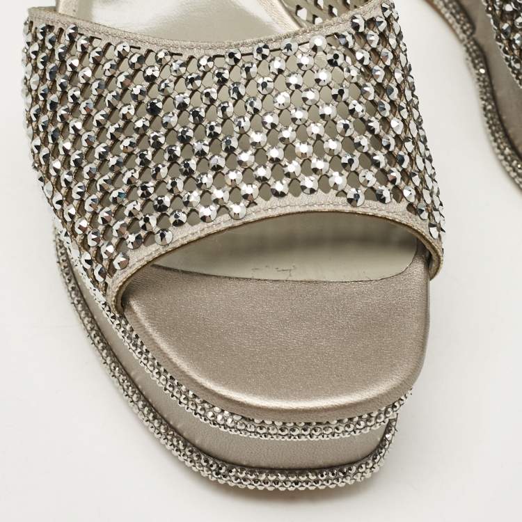 Pre Owned René Caovilla Grey Leather Crystal Embellished Wedge Sandals Size 38