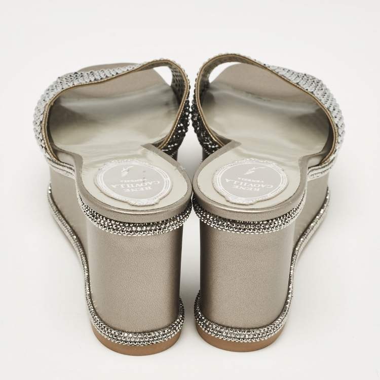 Pre Owned René Caovilla Grey Leather Crystal Embellished Wedge Sandals Size 38