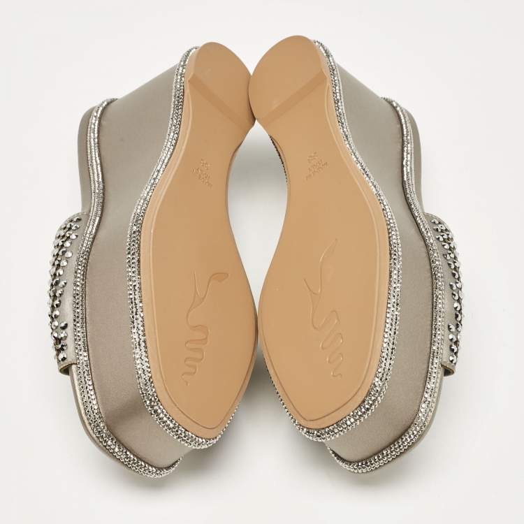 Pre Owned René Caovilla Grey Leather Crystal Embellished Wedge Sandals Size 38