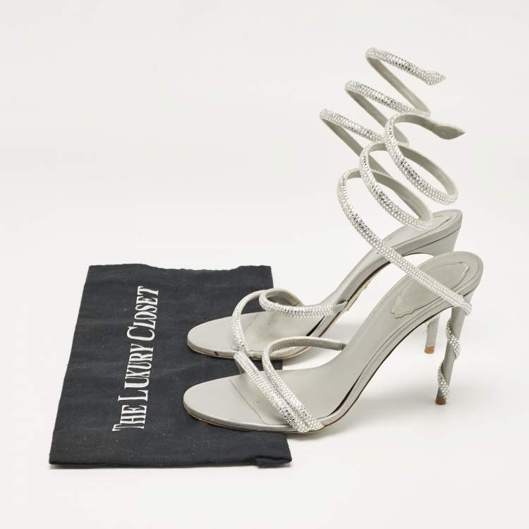 Pre Owned René Caovilla Silver Leather Cleo Ankle Strap Sandals Size 38