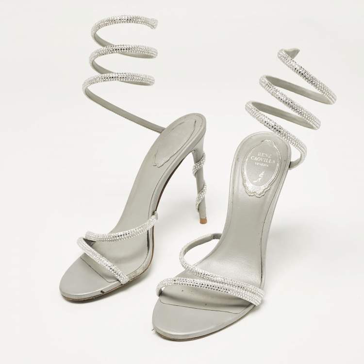 Pre Owned René Caovilla Silver Leather Cleo Ankle Strap Sandals Size 38
