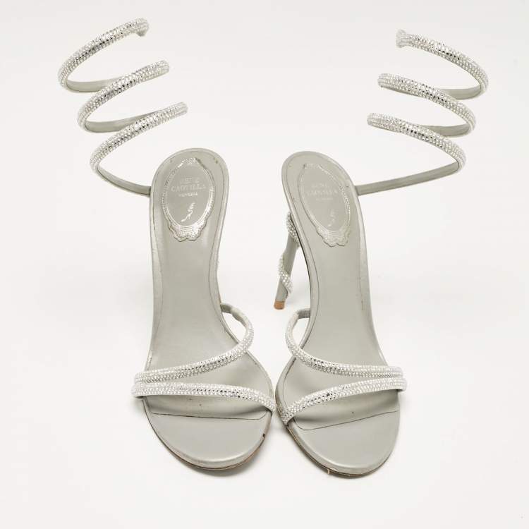 Pre Owned René Caovilla Silver Leather Cleo Ankle Strap Sandals Size 38