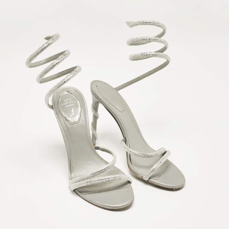 Pre Owned René Caovilla Silver Leather Cleo Ankle Strap Sandals Size 38
