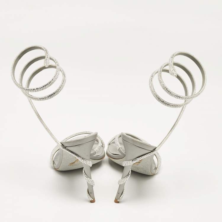 Pre Owned René Caovilla Silver Leather Cleo Ankle Strap Sandals Size 38