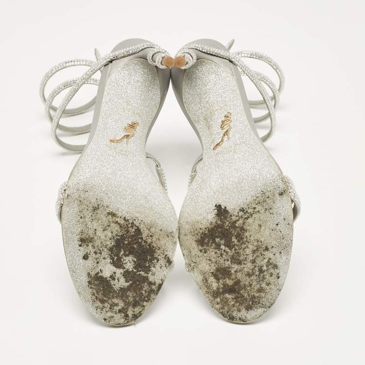 Pre Owned René Caovilla Silver Leather Cleo Ankle Strap Sandals Size 38
