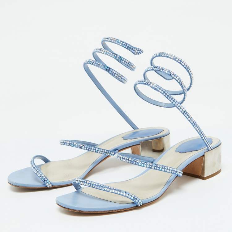 Pre Owned René Caovilla Blue Satin Crystal Embellished Cleo Sandals Size 38