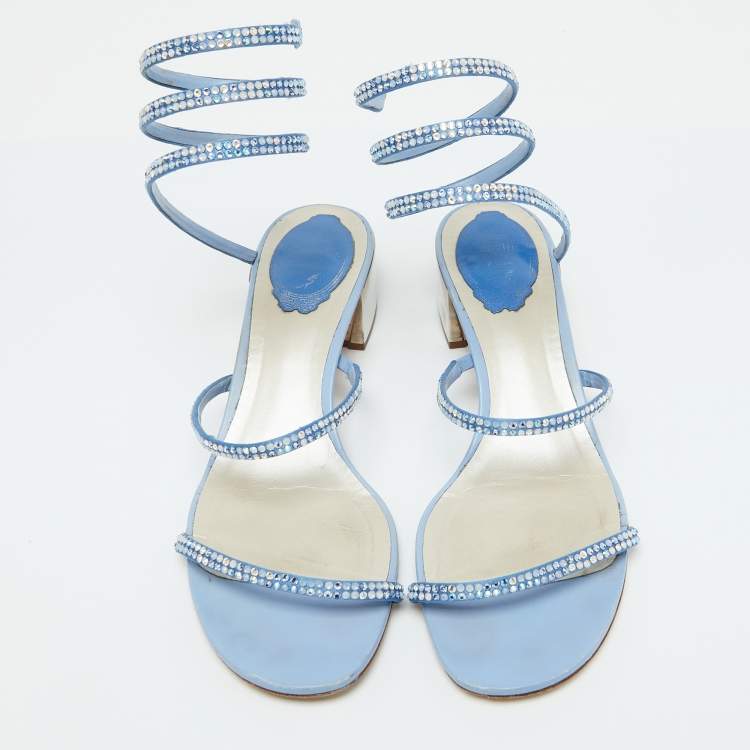Pre Owned René Caovilla Blue Satin Crystal Embellished Cleo Sandals Size 38