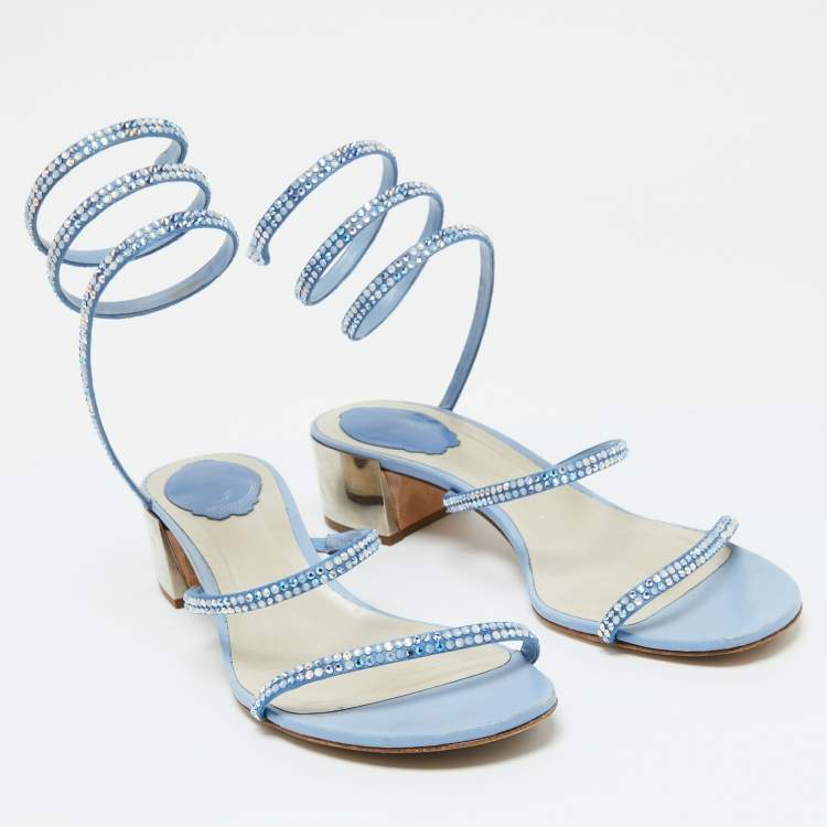 Pre Owned René Caovilla Blue Satin Crystal Embellished Cleo Sandals Size 38