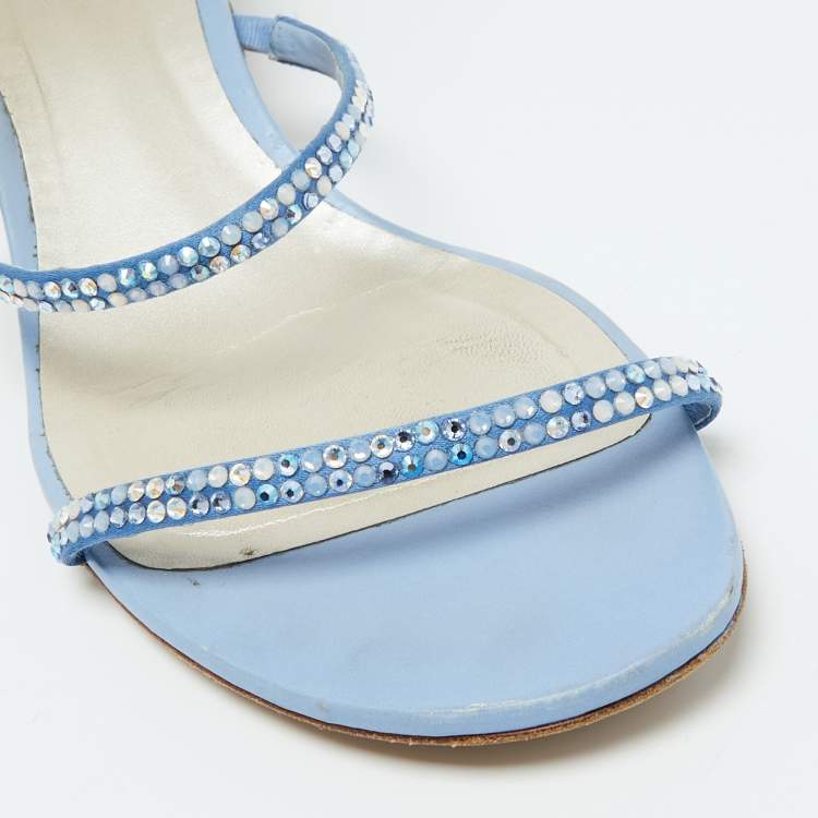 Pre Owned René Caovilla Blue Satin Crystal Embellished Cleo Sandals Size 38
